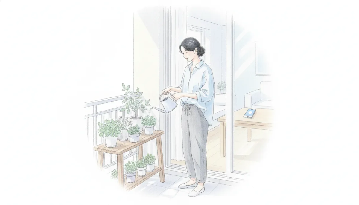 아침 베란다에서 화분에 물을 주는 사람