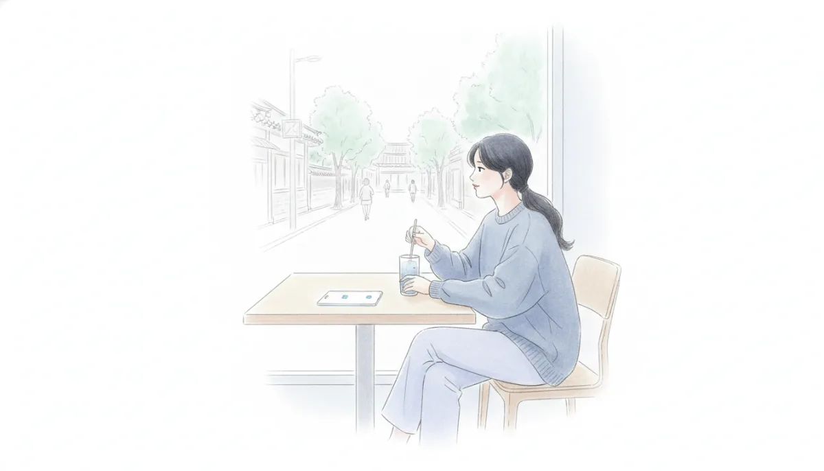 카페에서 창밖을 바라보며 따뜻한 음료를 젓는 사람