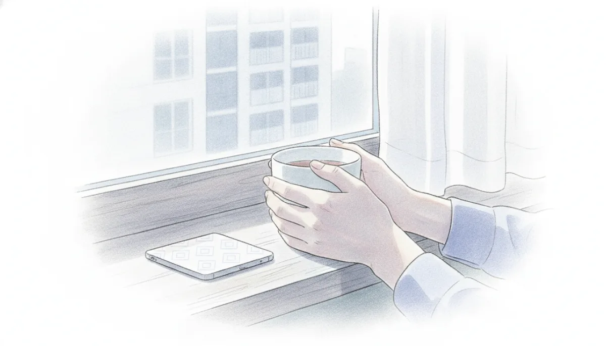 창가에 놓인 찻잔을 든 손