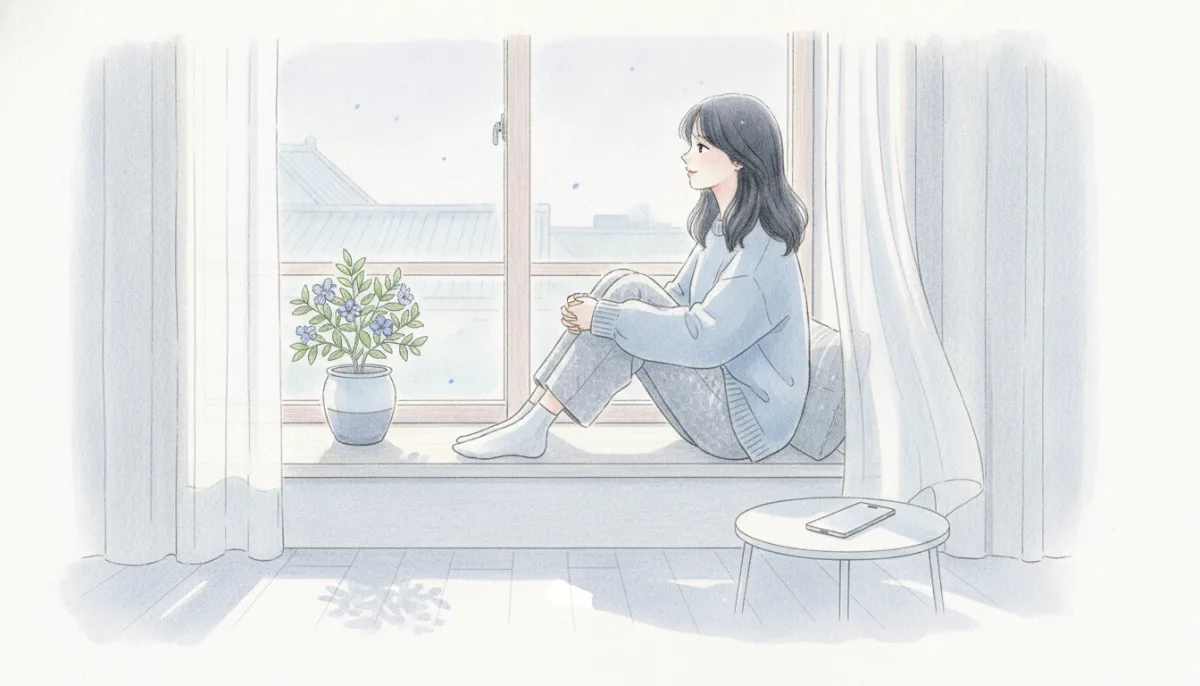 햇살이 비치는 창가에 놓인 화분과 고요한 방의 풍경