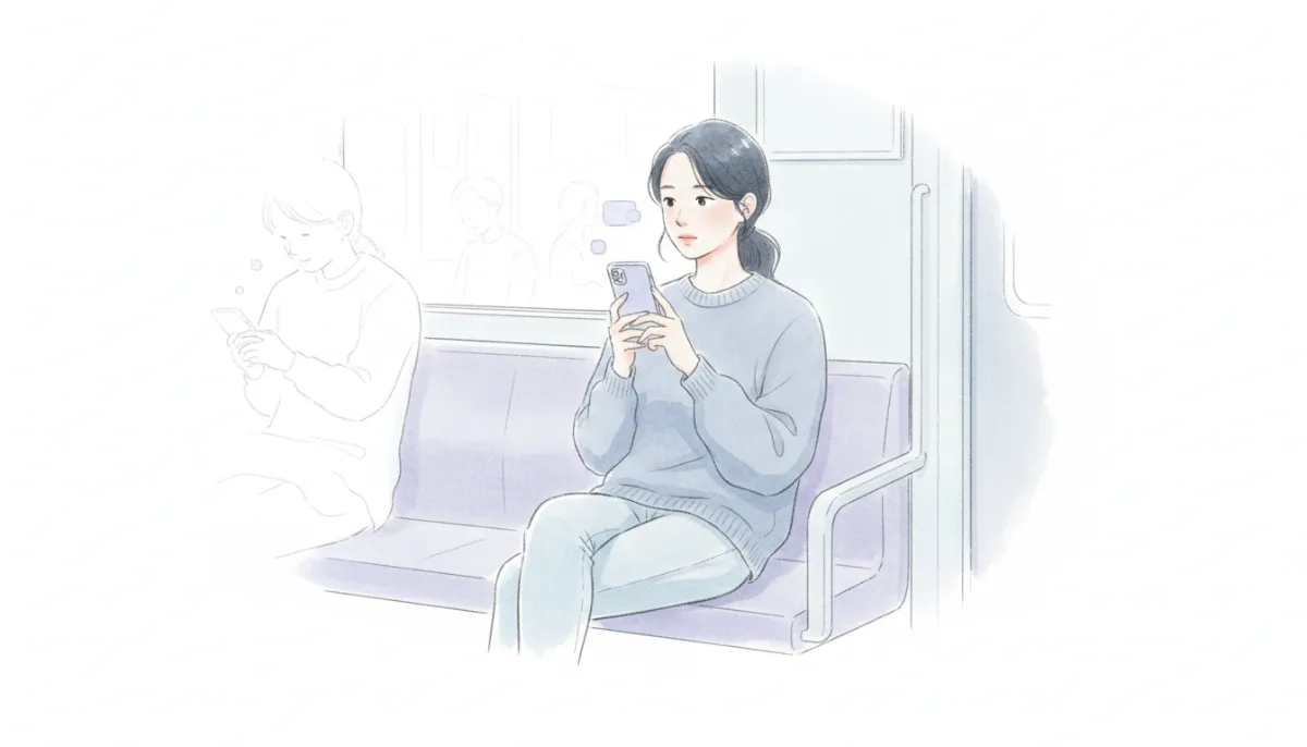 지하철 좌석에 앉아 휴대폰 대화를 다시 보는 사람