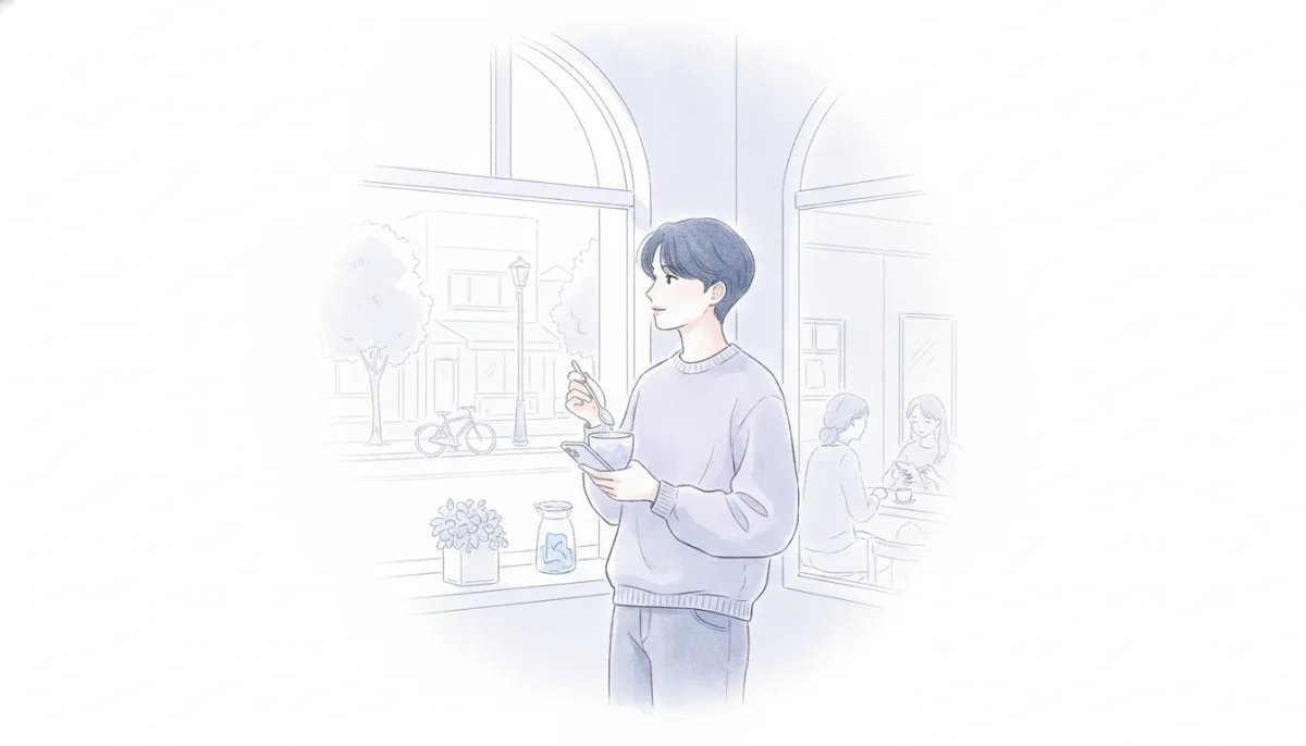 카페 창가에서 음료를 젓는 사람
