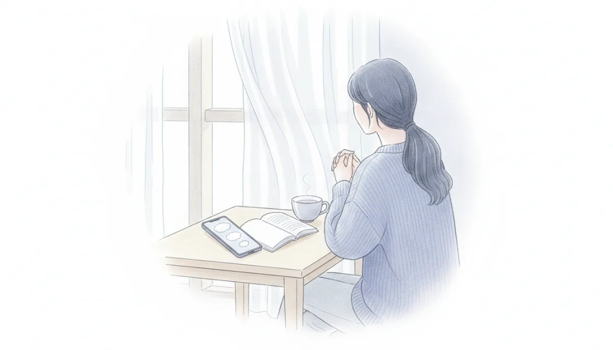 테이블 위에 놓인 휴대폰과 책, 식어 가는 찻잔