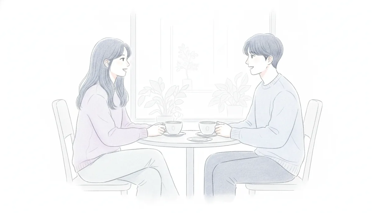 카페 테이블에 마주 앉아 편하게 이야기를 나누는 두 사람