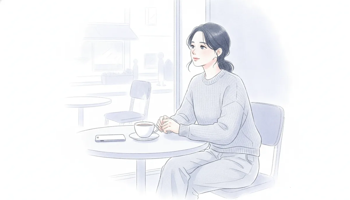 한 여성이 카페에서 휴대전화를 바라보는 모습