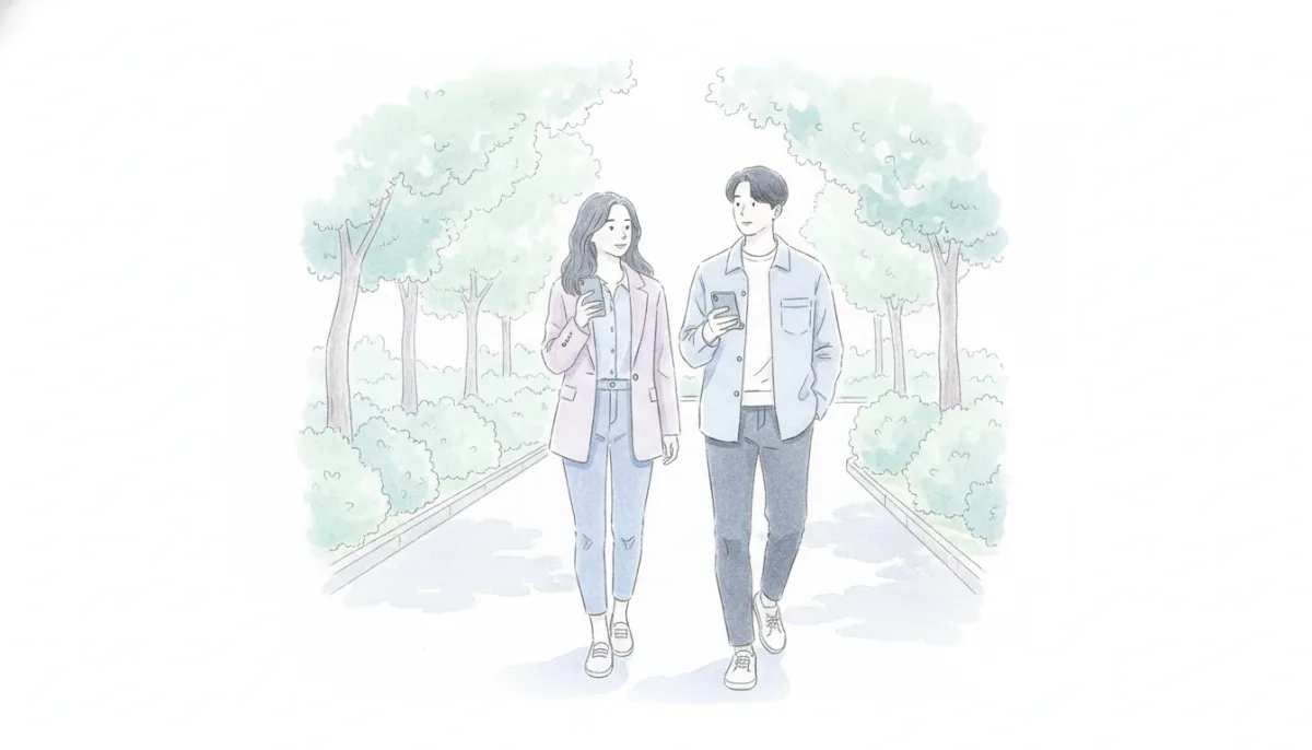 공원 길을 나란히 걷는 두 사람의 뒷모습