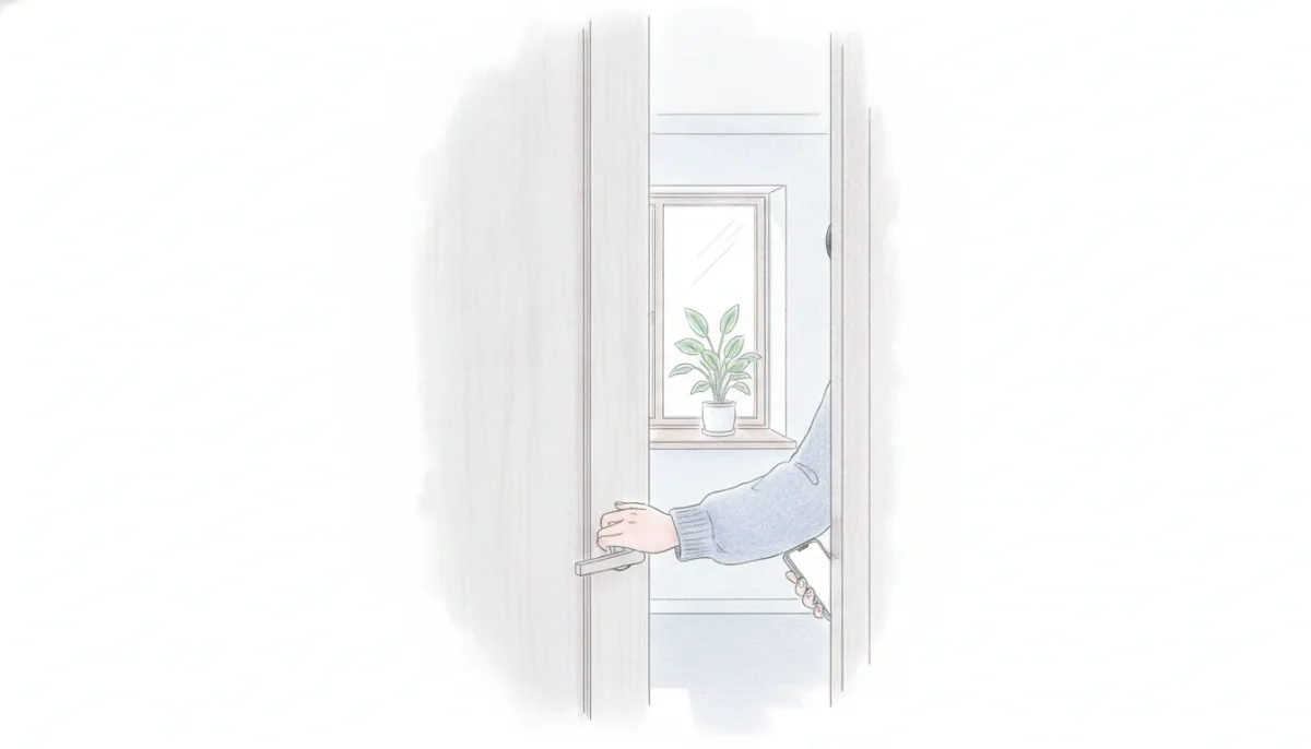 반쯤 열린 문 너머로 보이는 조용한 방