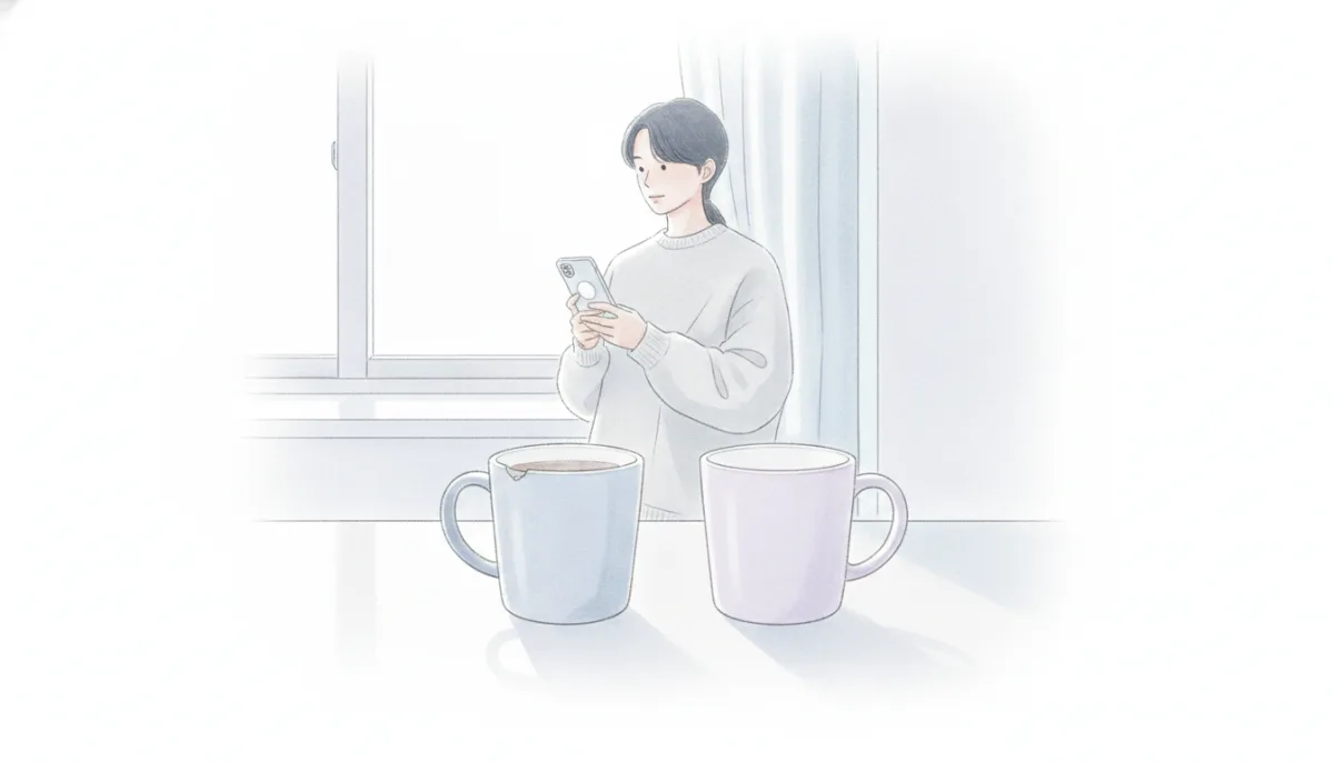주방 카운터에 놓인 두 개의 커피잔, 하나는 약간 이가 나간 상태