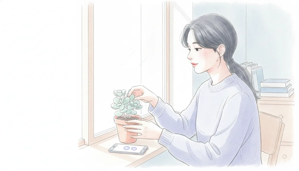 창가에 놓인 화분의 잎을 조심스럽게 정리하는 손