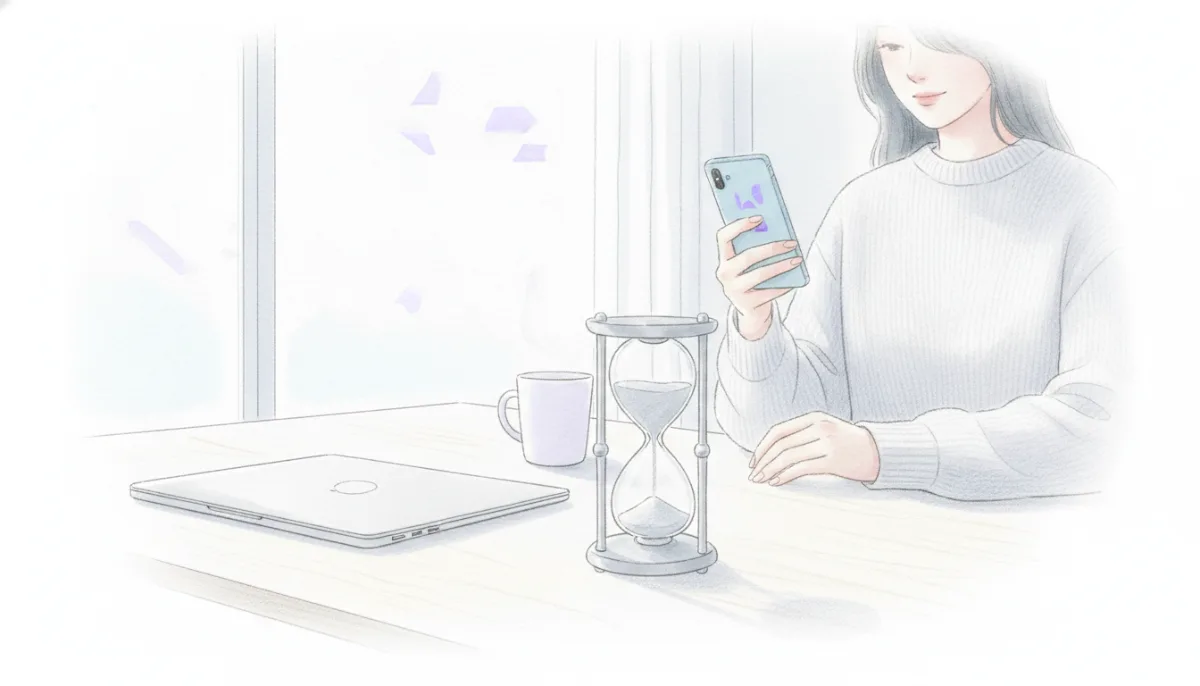 책상 위 모래시계와 꺼진 노트북 화면