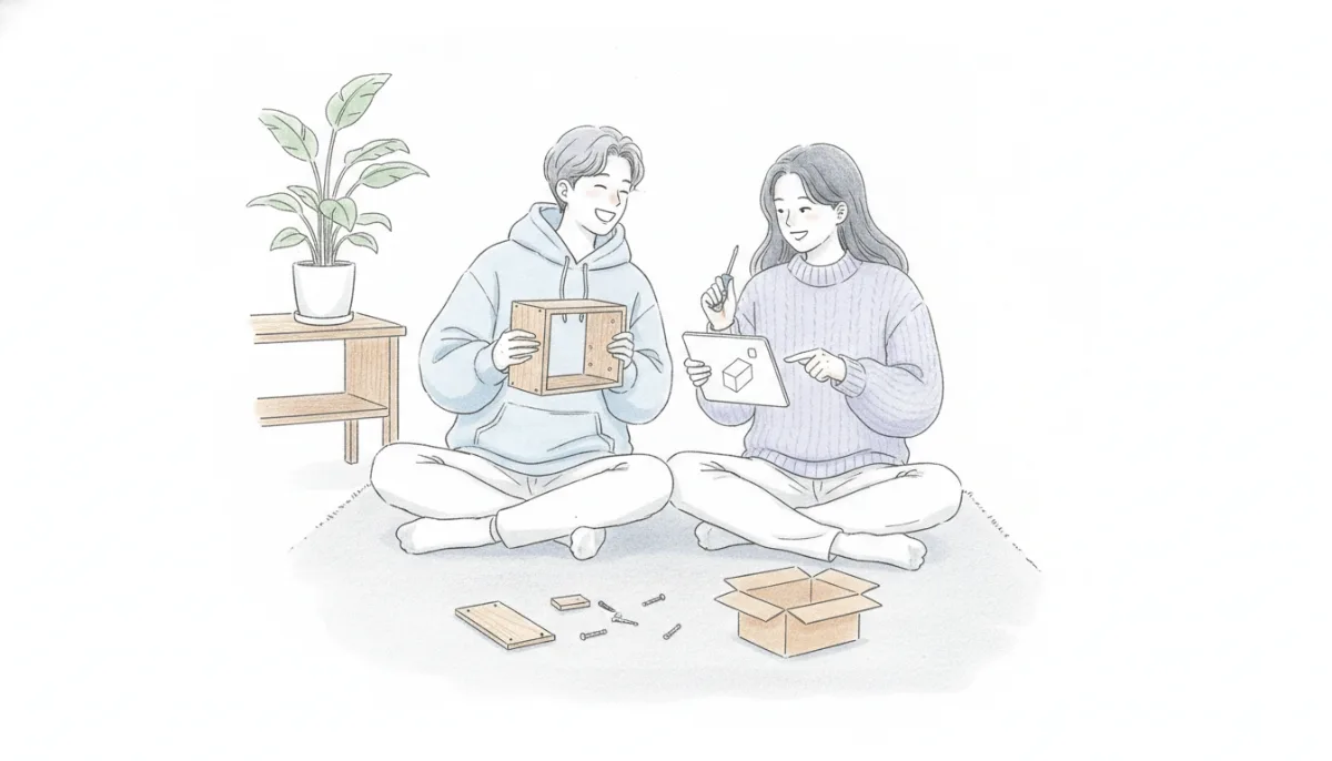 원룸에서 함께 작은 책장을 조립하며 웃는 두 사람