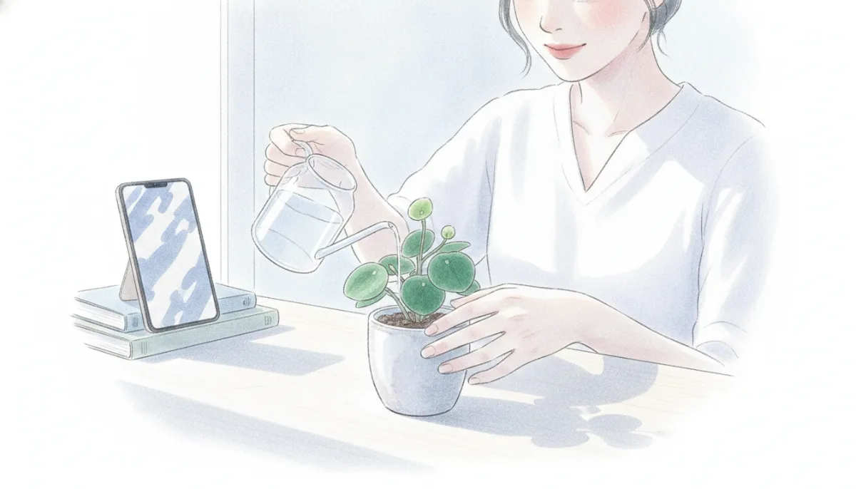 햇살 아래 화분에 물을 주는 손