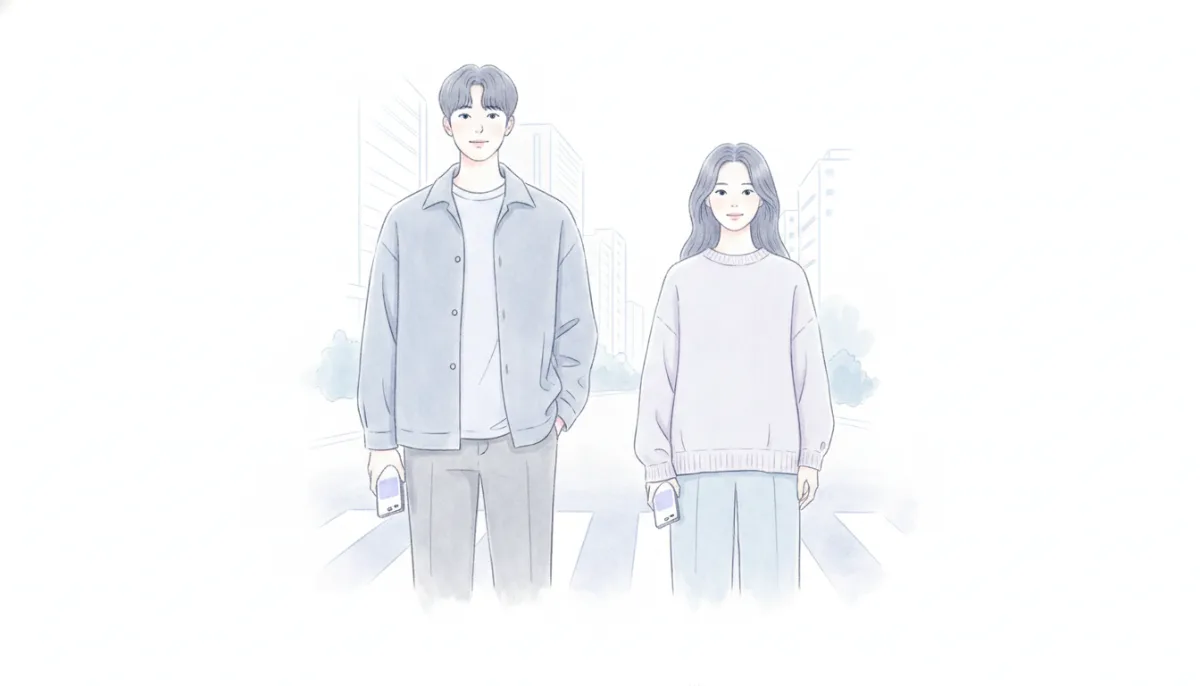 횡단보도 앞에서 조금 떨어져 신호를 기다리는 두 사람