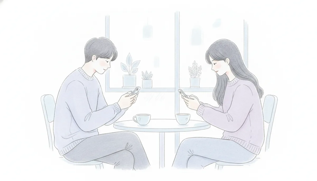 카페에서 각자의 휴대폰을 보는 두 사람의 모습