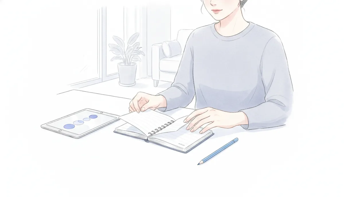 작은 수첩 페이지를 넘기는 손의 모습