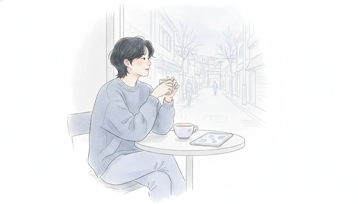 창밖을 바라보며 생각에 잠긴 카페 손님