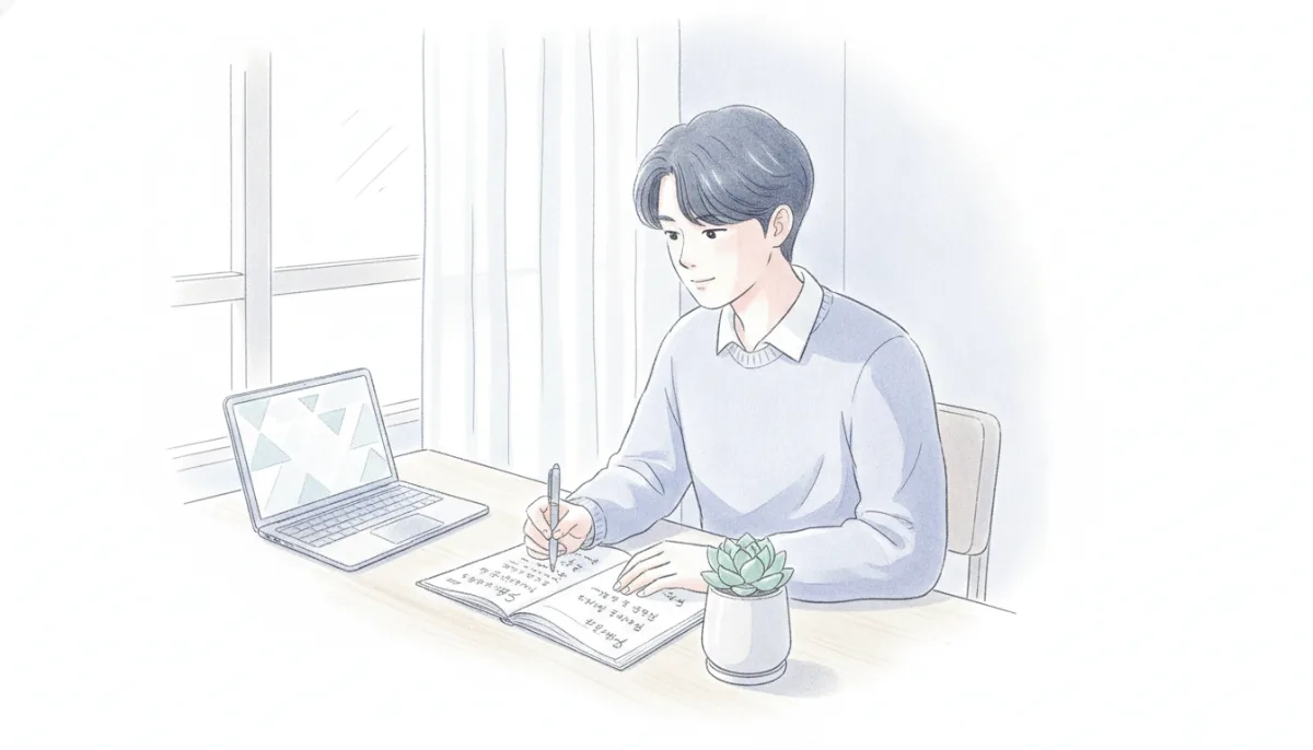 자신의 글씨로 채워진 공책을 보며 펜을 든 사람의 모습