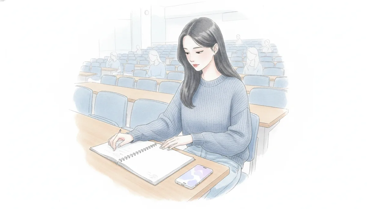 교실 책상에 앉아 노트를 보는 학생