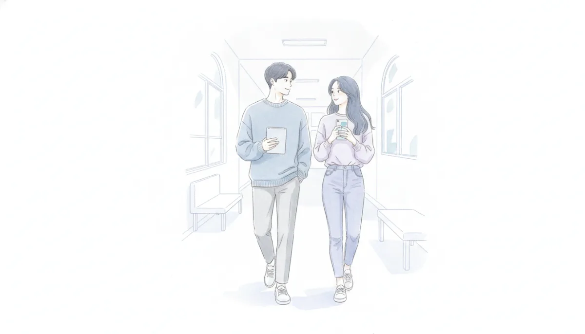 대학 복도에서 서로를 스쳐 지나가는 두 학생의 모습