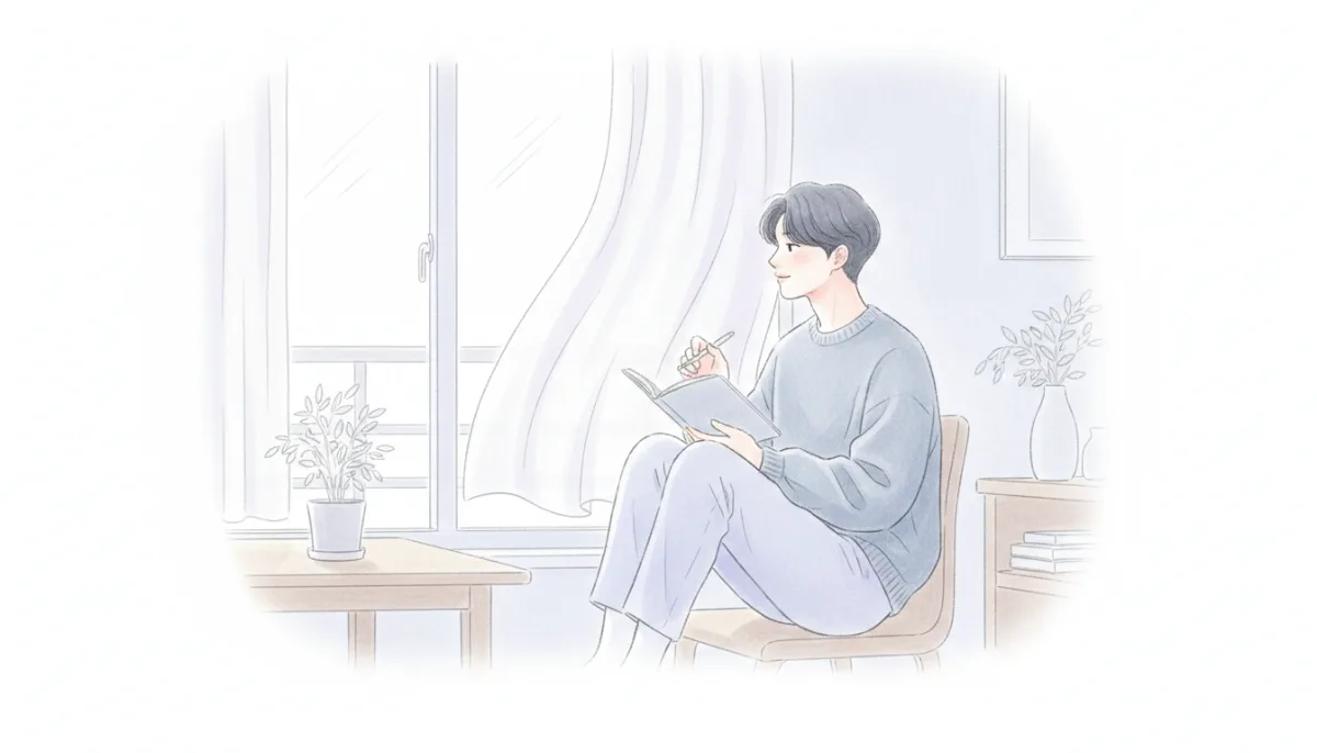 햇살이 비치는 창가에서 일기를 쓰는 젊은이
