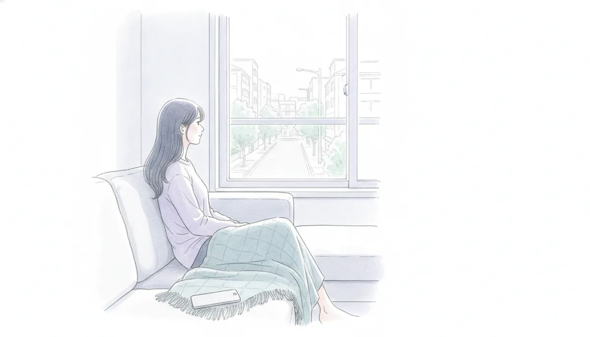 소파에 앉아 창밖을 보는 사람