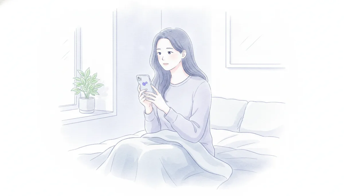 이른 아침 침대 끝에 앉아 휴대폰 화면을 가만히 들여다보는 사람