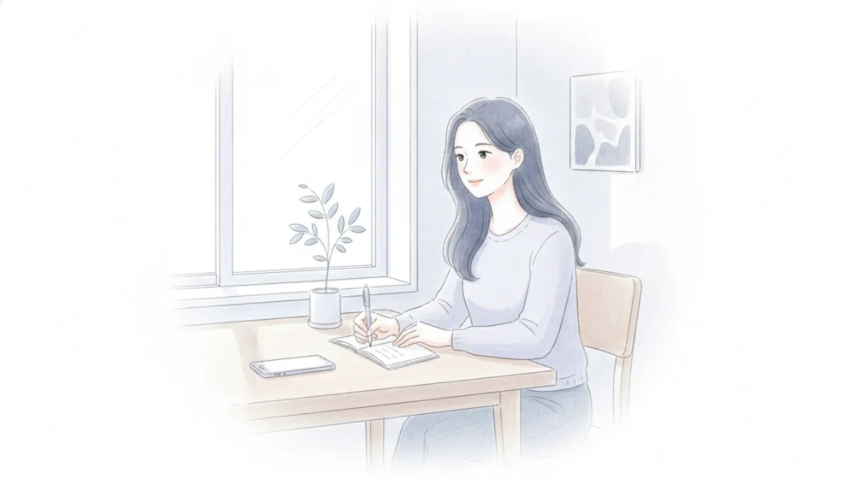 휴대폰을 옆에 두고 창가 책상에서 노트에 짧은 문장을 적는 사람