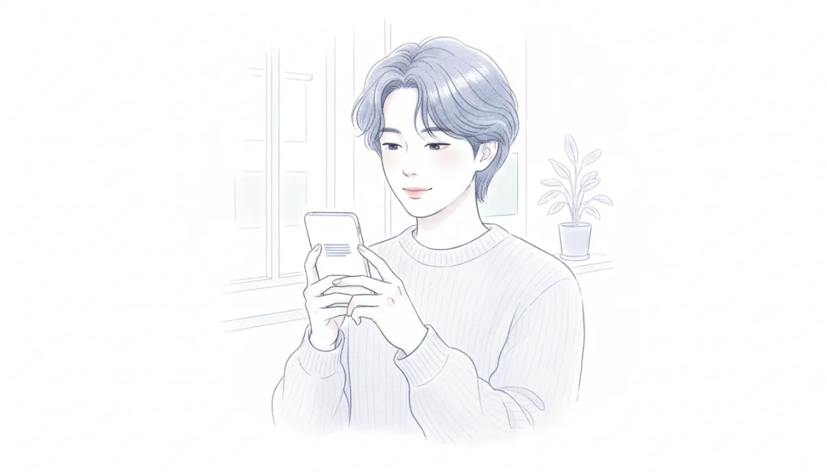 스마트폰에 도착한 짧은 메시지를 응시하는 사람의 모습