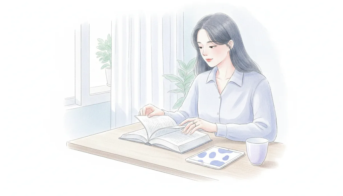 창가 책상 위에서 책장을 넘기는 손
