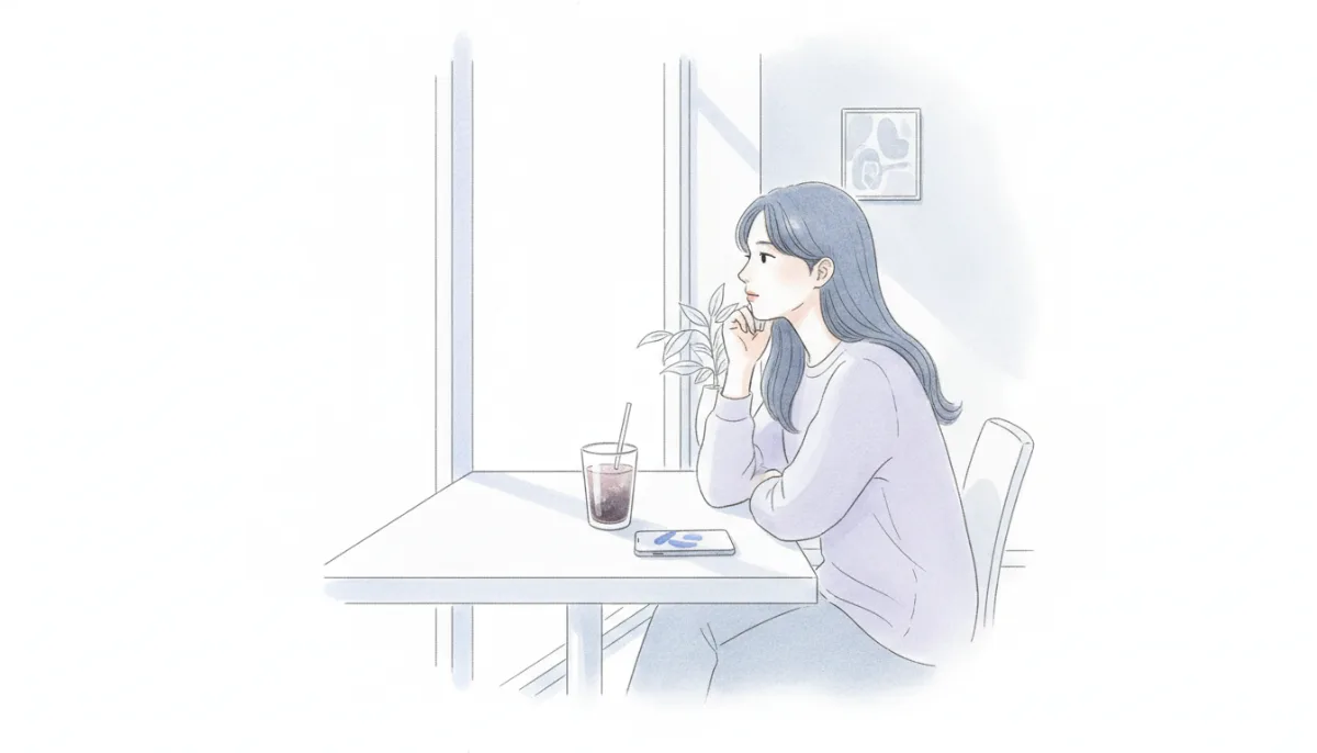 카페 창밖을 바라보며 생각에 잠긴 한 사람의 옆모습