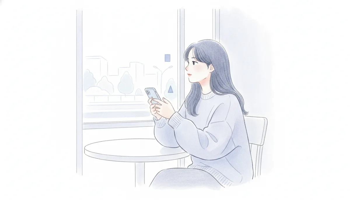 창밖을 보며 휴대폰을 들고 있는 사람